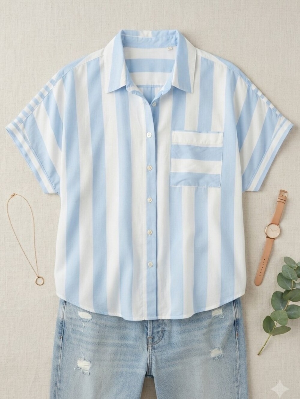 Jane + Delancy Blue White Stripe Short Sleeve Button Up Blouse Top